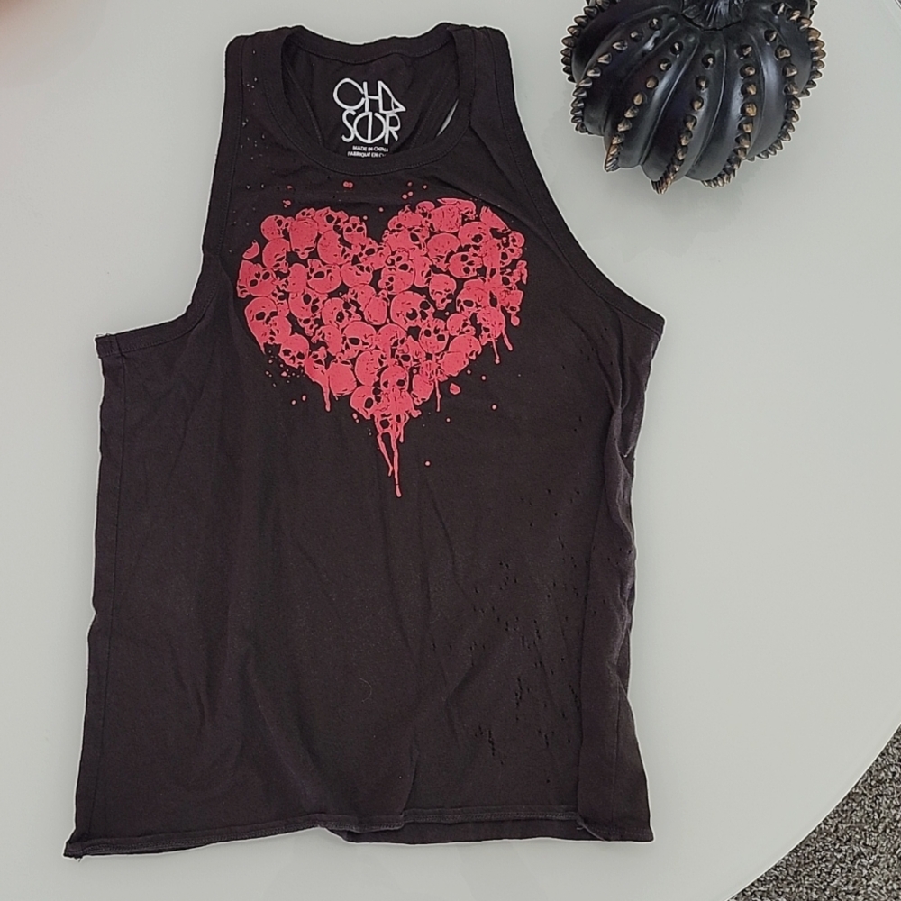 Chaser charcoal grey tstrap tank skull heart❤️
